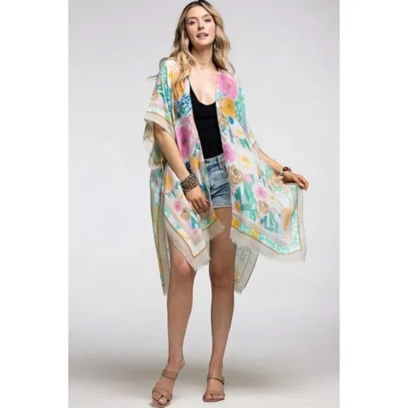 Beige Floral Print Contrast Border Spring Summer Kimono Open Wrap Coverup Top - Picture 3 of 5